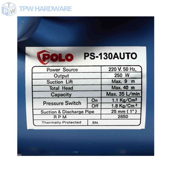 POLO ปั๊มน้ำอัตโนมัติ ดูดเอง 1/3 แรงม้า ขนาดท่อ 1 นิ้ว รุ่น PS-130AUTO