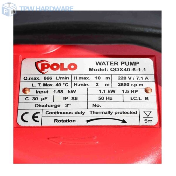 POLO ปั๊มจุ่มสำหรับน้ำสะอาด ไม่มีลูกลอย 1100 วัตต์ (1.5 แรงม้า) รุ่น QDX40-6-1.1