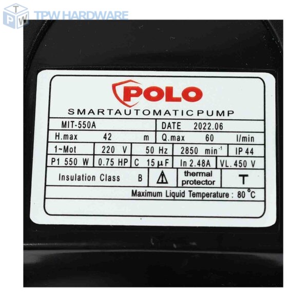 POLO ปั๊มน้ำอัตโนมัติ พร้อมฝาครอบ 550 วัตต์ ท่อ 1-1/4 นิ้ว รุ่น MIT-550A