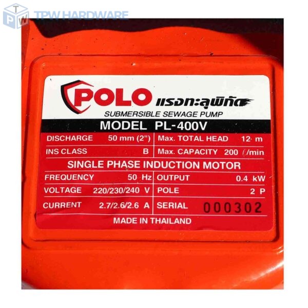 POLO ปั๊มจุ่มดูดโคลน ไม่มีลูกลอย 400 วัตต์ รุ่น PL-400V ท่อ 2 นิ้ว