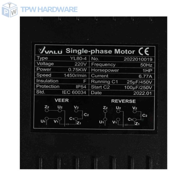 VALU (แวลู) มอเตอร์ รุ่น YL80-4 กำลังมอเตอร์ 1 แรงม้า (0.75 กิโลวัตต์) ไฟ 1 เฟส 220 โวลต์