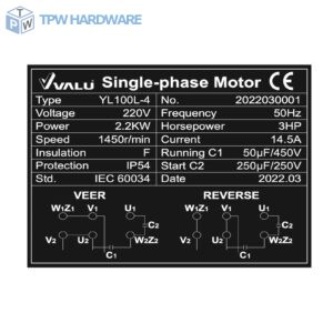 VALU (แวลู) มอเตอร์ รุ่น YL100L-4 กำลังมอเตอร์ 3 แรงม้า (2.2 กิโลวัตต์) ไฟ 1 เฟส 220 โวลต์