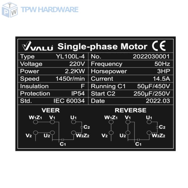 VALU (แวลู) มอเตอร์ รุ่น YL100L-4 กำลังมอเตอร์ 3 แรงม้า (2.2 กิโลวัตต์) ไฟ 1 เฟส 220 โวลต์