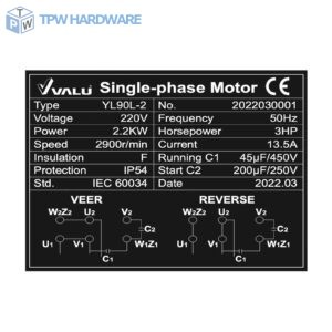 VALU (แวลู) มอเตอร์ รุ่น YL90L-2 กำลังมอเตอร์ 3 แรงม้า (2.2 กิโลวัตต์) ไฟ 1 เฟส 220 โวลต์