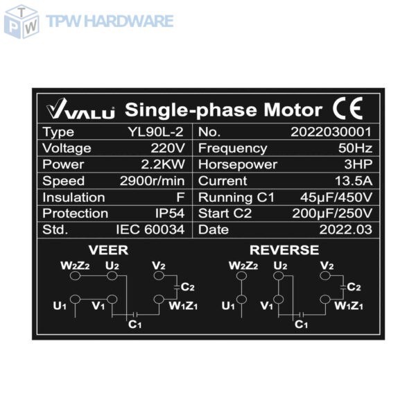 VALU (แวลู) มอเตอร์ รุ่น YL90L-2 กำลังมอเตอร์ 3 แรงม้า (2.2 กิโลวัตต์) ไฟ 1 เฟส 220 โวลต์